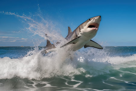 Great White Shark jumps out of the water on a sunny day.の素材