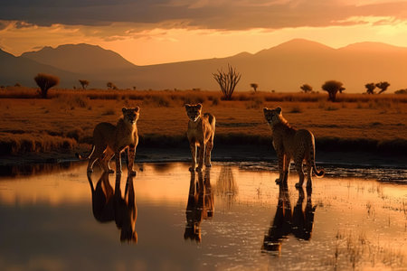 Group of Cheetah at a waterhole in Etosha National Park, Namibiaの素材