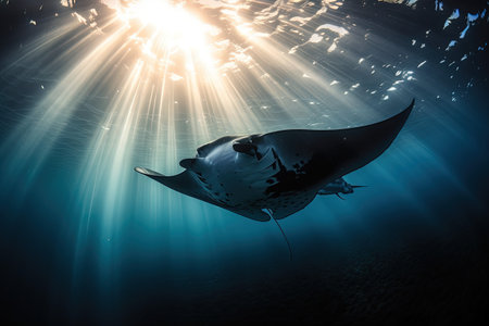 Manta ray in the deep blue ocean with sun rays and raysの素材