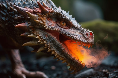 Close up of a dinosaur head with flames in the background. Selective focus.の素材