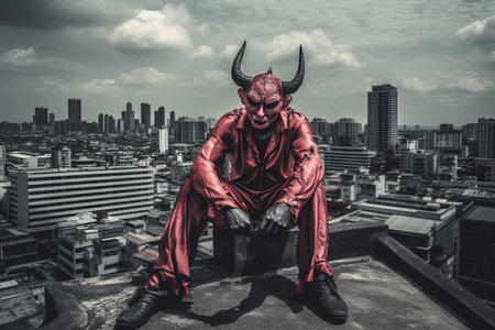 Devil with red cape and black mask sitting on the rooftop cityの素材