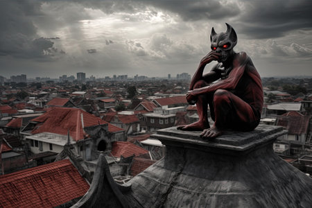 Statue of a devil on the roof of a temple in Bangkokの素材