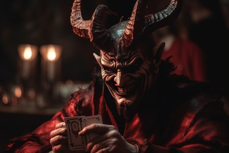 Close-up portrait of a devil in carnival mask playing cardsの素材