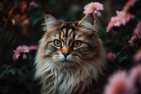 beautiful siberian cat on a background of pink chrysanthemumsの素材