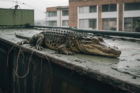 Crocodile sleeping on the roof of a building in the cityの素材