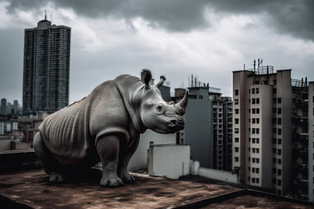 A white rhinoceros statue on the roof of a buildingの素材