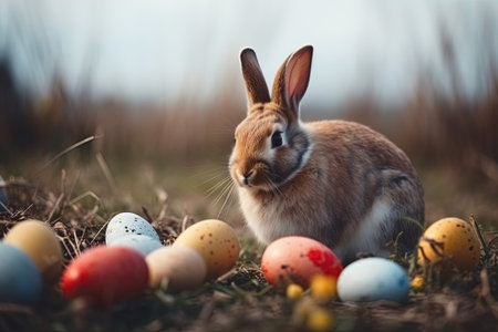 Easter bunny and colorful eggs on the meadow. Happy easter.の素材