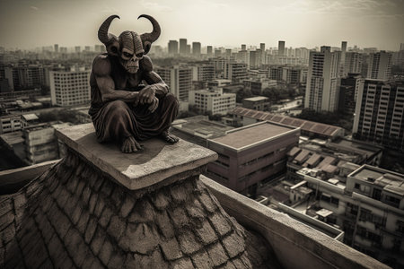 Vintage style image of a demon on the roof of a buildingの素材