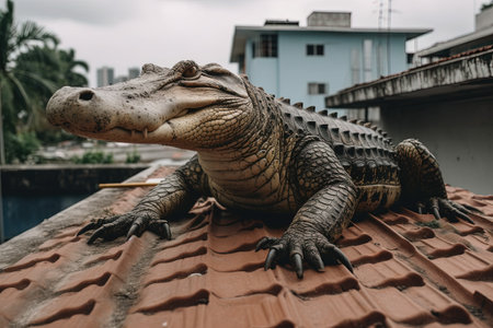 Crocodile on the roof of a house in Sri Lankaの素材