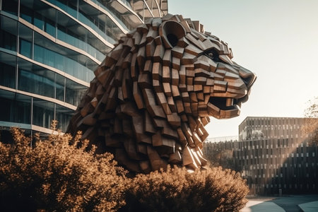 Lion sculpture in front of a modern office building with sunlight.の素材