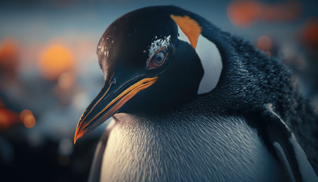 Gentoo penguin with orange beak and black feathers.の素材