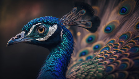 Beautiful peacock with feathers on dark background. Close-up.の素材