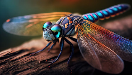 Macro of a dragonfly perched on a tree trunk with a blurred backgroundの素材