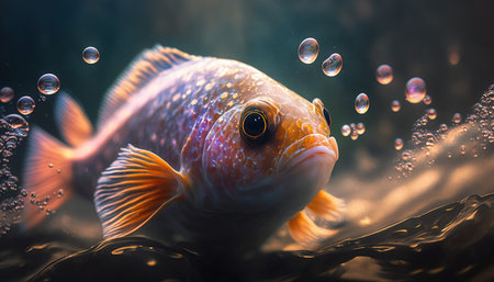 Close-up of cichlid fish with bubbles in waterの素材