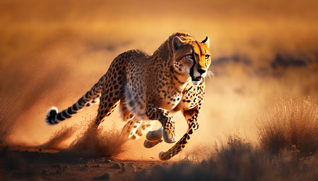 Cheetah running fast in the morning light. Africa. Kenyaの素材