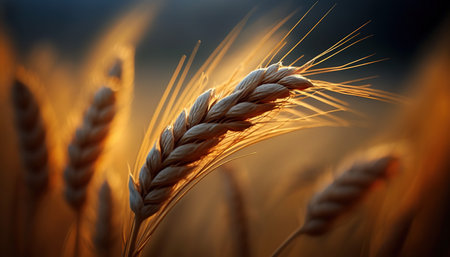 Ears of wheat in the field at sunset. Close-upの素材