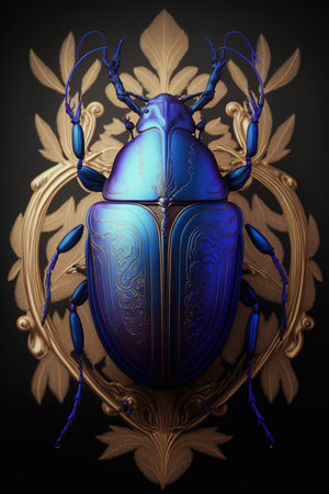 Blue beetle with golden frame on black background. 3D illustration.の素材