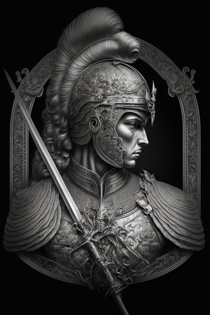 Ancient Greek warrior with sword and shield. Black and white image.の素材