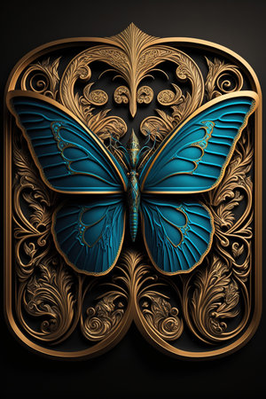 Decorative butterfly with ornament on black background. 3D illustration.の素材