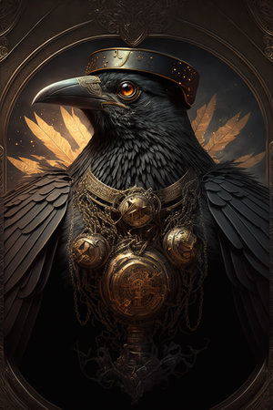 Fantasy illustration of a raven crow with a crown on his head.の素材