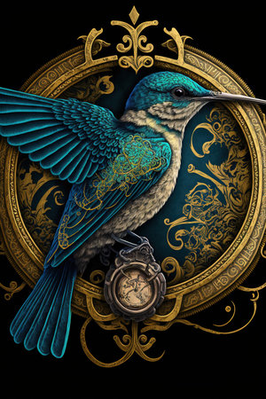 Illustration of a fairy tale bird with a clock on a black backgroundの素材