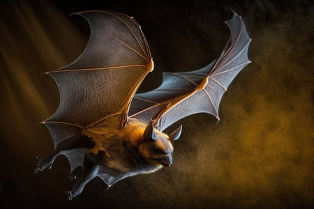 Halloween bat flying on a dark background with smoke. Halloween concept.の素材