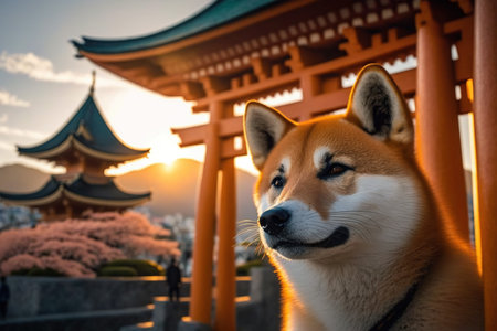 Shiba inu dog and japanese temple in the morningの素材