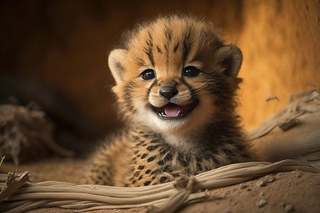 Cute baby cheetah cub in a cave. Animal portrait.の素材