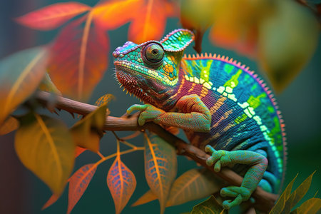 Chameleon on a branch with leaves in the forest, close-upの素材