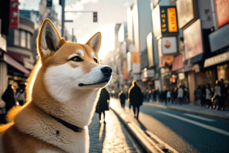 Shiba Inu dog walking on street in Tokyo, Japan.の素材