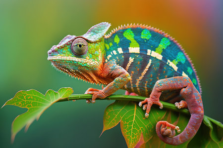 Colorful Chameleon on a green leaf in the forest.の素材