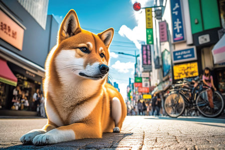 Shiba inu dog sitting on the street in Tokyo, Japanの素材