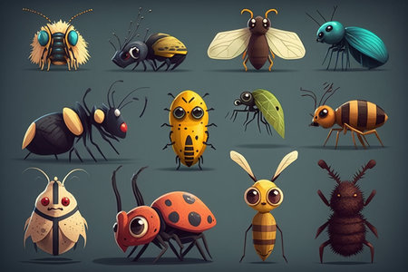 Set of different insects cartoon vector illustration. Ants and bugs isolated on dark background.の素材