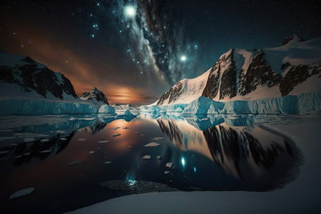 Fantastic starry sky over icebergs in Antarctica. 3d renderingの素材