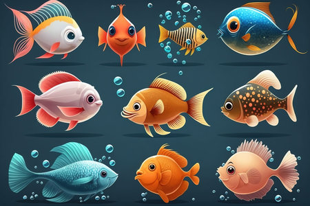 Set of colorful cartoon fish isolated on dark background. Vector illustration.の素材