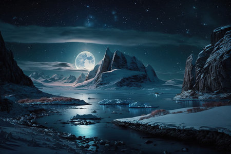 Fantasy alien planet. Mountain and lake at night. 3D illustrationの素材
