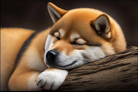 Shiba inu dog sleeping on a tree, close-upの素材