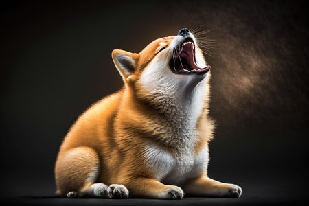 Shiba inu dog yawning on black background. Studio shot.の素材