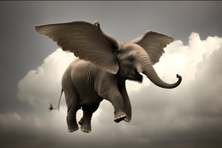 Elephant with wings flying in the sky - 3D render.の素材