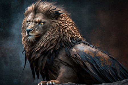 3d rendering of a majestic lion on a dark background with smokeの素材