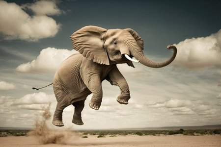 African elephant jumping in the desert. Safari in Africa. Toned.の素材