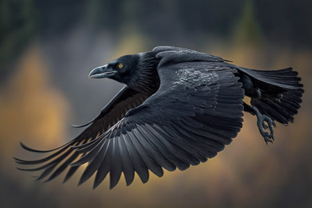 Black raven in flight over the autumn forest. 3d rendering.の素材