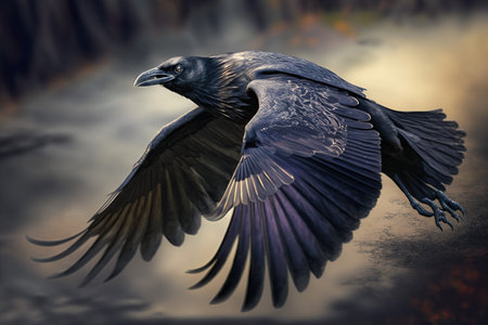 3d rendering of a black raven flying in the dark forest.の素材