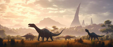 Silhouette of dinosaurs in the savannah. 3d renderの素材