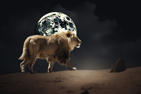 Lion in the desert with moon. Mixed media. Mixed mediaの素材