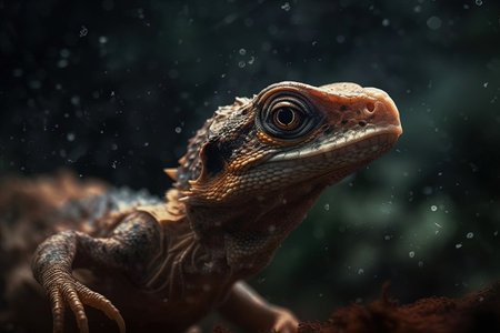 Portrait of a bearded dragon in terrarium with water drops.の素材