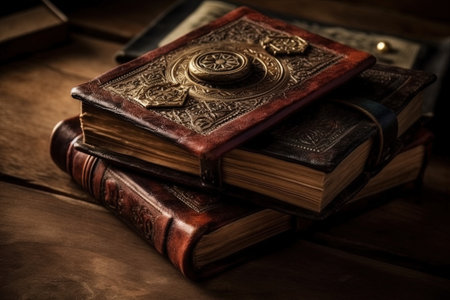 Old books on a wooden table. Vintage style. Selective focus.の素材