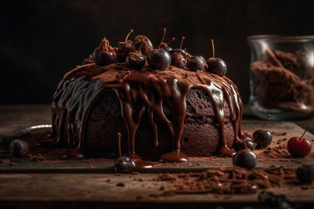 Chocolate cake with cherries and chocolate syrup on a dark backgroundの素材
