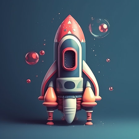 Space rocket with bubbles in the background. 3d rendering illustration.の素材
