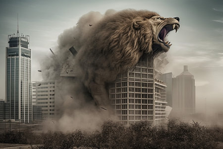 Furious lion in the city. Conceptual image. Mixed mediaの素材